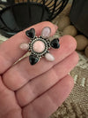 Beautiful Handmade Pink Conch, Onyx And Sterling Silver Adjustable Ring