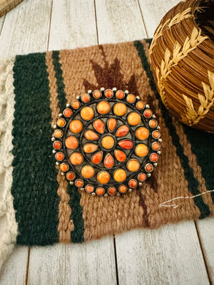 Navajo Sterling Silver & Orange Spiny Cluster Adjustable Ring