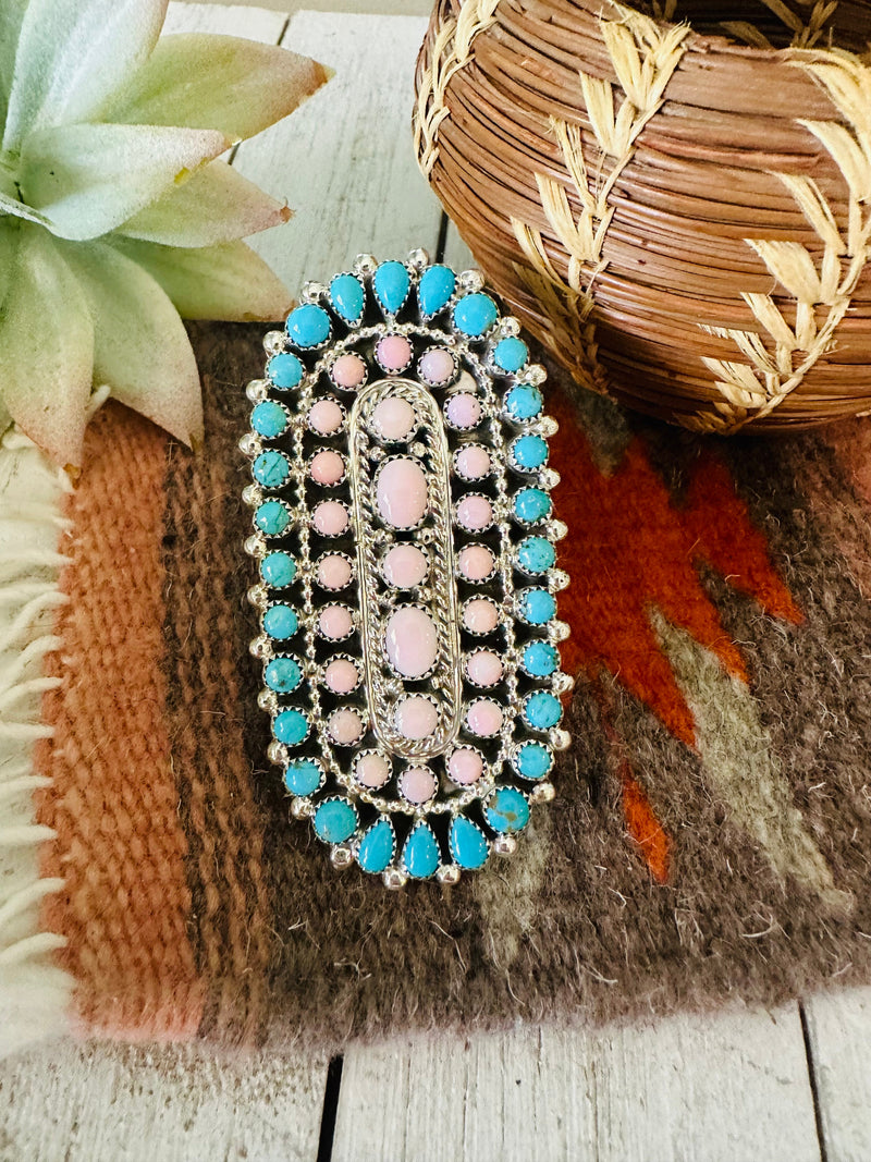 Navajo Sterling Silver, Turquoise & Queen Pink Conch Adjustable Ring