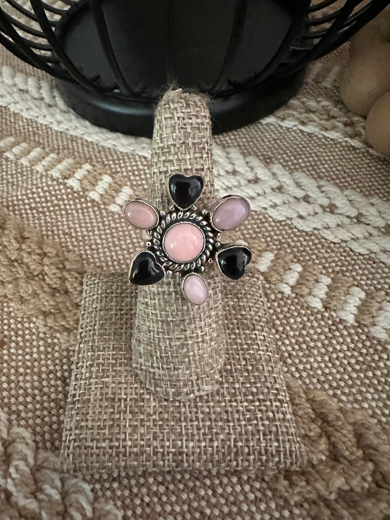 Beautiful Handmade Pink Conch, Onyx And Sterling Silver Adjustable Ring