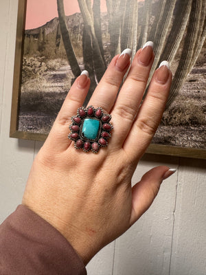 Handmade Rhodonite, Turquoise & Sterling Silver Adjustable Ring Signed Nizhoni