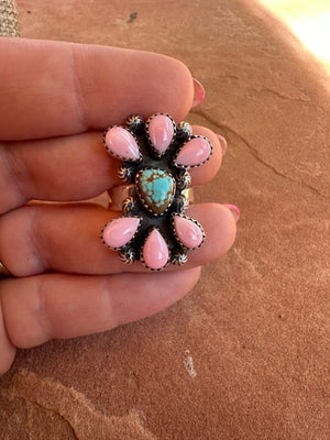 Handmade Natural Turquoise, Pink Conch And Sterling Silver Adjustable Ring