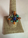 Handmade Turquoise, Lapis, Orange Mojave And Sterling Silver Adjustable Ring
