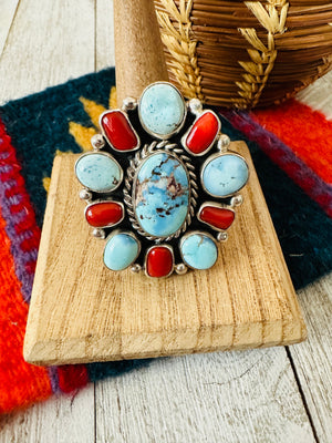 Navajo Golden Hills Turquoise, Coral & Sterling Silver Cluster Adjustable Ring