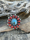 Navajo Sterling Silver Kingman Web Turquoise & Red Coral Taos Ring Sz 8