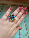 Handmade Turquoise, Lapis, Orange Mojave And Sterling Silver Adjustable Ring