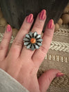 Beautiful Handmade Orange Spiny, Mother of Pearl And Sterling Silver Adjustable Ring