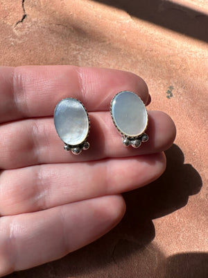 Handmade Mother of Pearl and Sterling Silver Post Earrings Signed Nizhoni