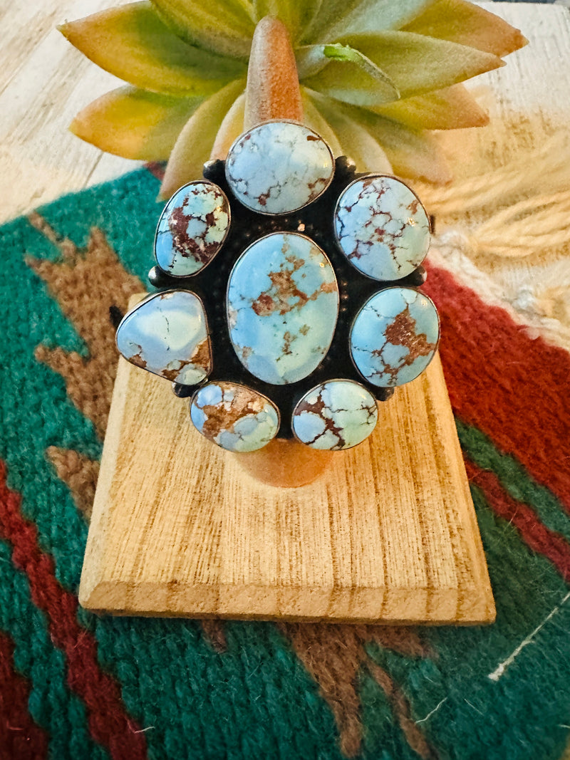 Navajo Golden Hills Turquoise & Sterling Silver Cluster Ring Size 6.5