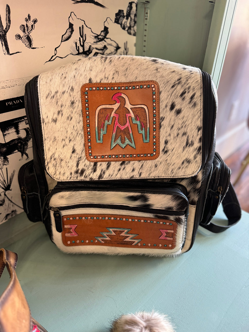 thunderbird tooled cowhide backpack