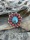 Navajo Sterling Silver Kingman Web Turquoise & Red Coral Taos Ring Sz 8