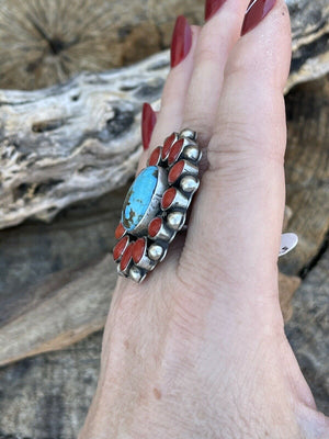 Navajo Sterling Silver Kingman Web Turquoise & Red Coral Taos Ring Sz 8