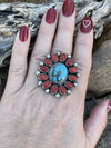 Navajo Sterling Silver Kingman Web Turquoise & Red Coral Taos Ring Sz 8