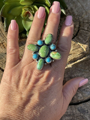 Navajo Sterling Sonoran Gold And Golden Hills Turquoise Cluster Ring Size 8.5