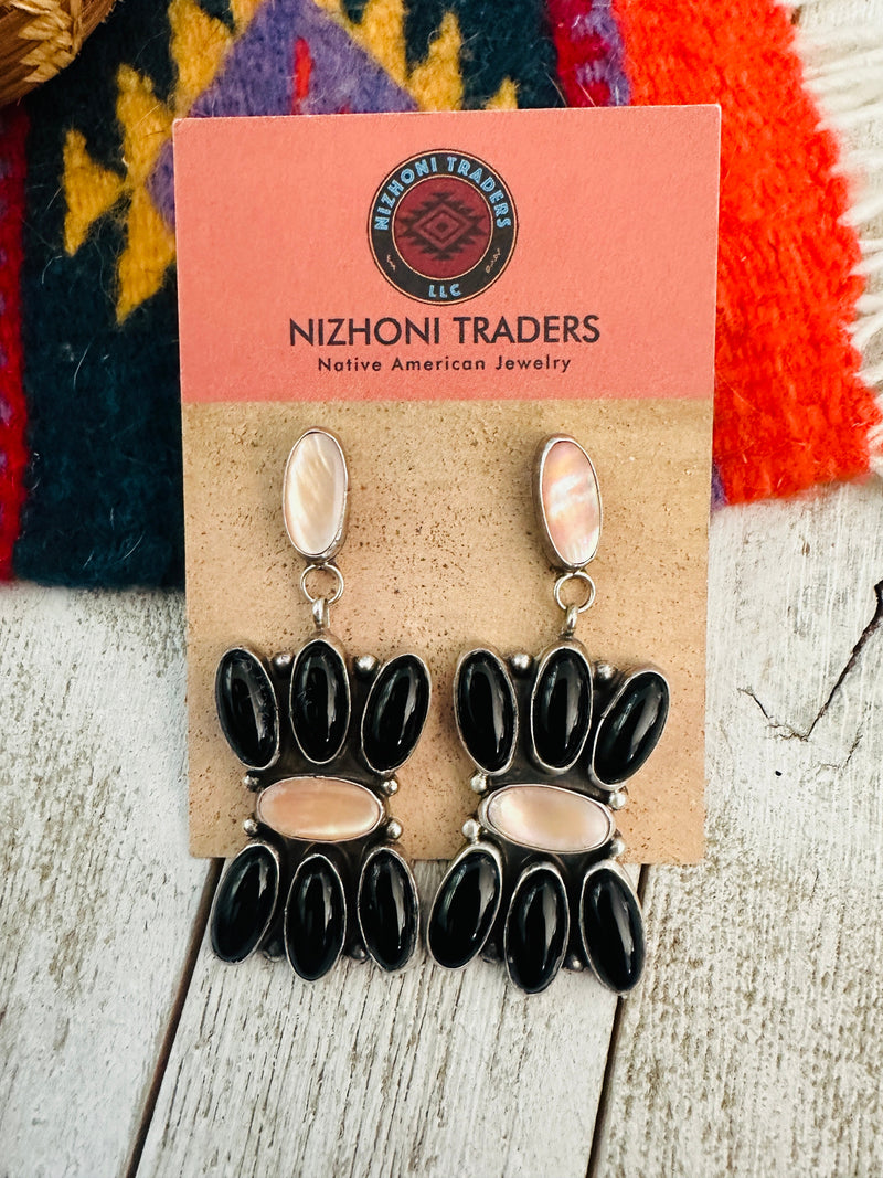 Navajo Mother of Pearl, Onyx & Sterling Silver Dangle Earrings