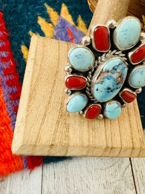 Navajo Golden Hills Turquoise, Coral & Sterling Silver Cluster Adjustable Ring