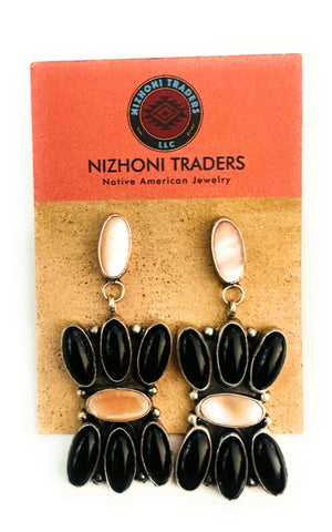 Navajo Mother of Pearl, Onyx & Sterling Silver Dangle Earrings
