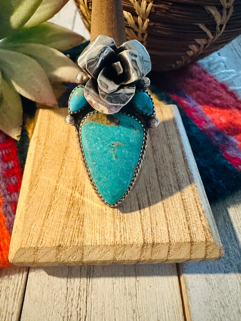 Navajo Sterling Silver & Turquoise Ring Rose Adjustable Ring