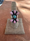 Handmade Natural Turquoise, Pink Conch And Sterling Silver Adjustable Ring