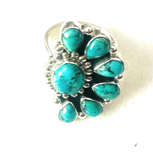 Handmade Turquoise And Sterling Silver Adjustable Cluster Crescent Ring