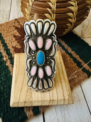 Navajo Sterling Silver, Turquoise & Queen Pink Conch Shell Adjustable Ring