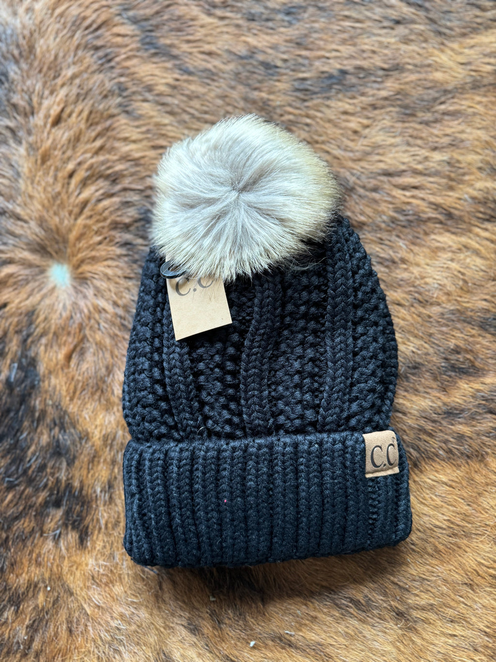 CC Fuzzy lined fur pom beanie