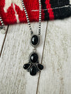 Navajo Onyx & Sterling Silver Pearl Beaded Lariat Necklace