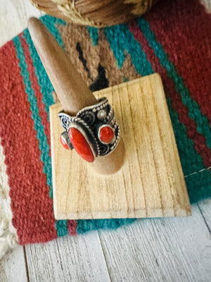 Navajo Sterling Silver and Coral Ring Size 8.25 by Hemerson Brown