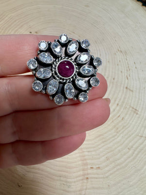 Handmade Sterling Silver, Cz & Purple Spiny Adjustable Ring Signed Nizhoni