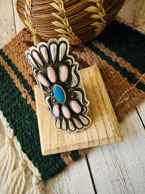 Navajo Sterling Silver, Turquoise & Queen Pink Conch Shell Adjustable Ring