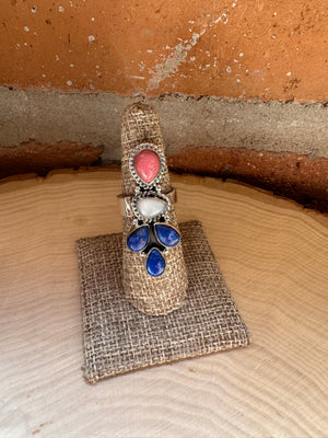 Handmade Rhodonite, Lapis. Mother of Pearl & Sterling Silver Adjustable Ring Signed Nizhoni