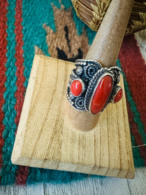 Navajo Sterling Silver and Coral Ring Size 8.25 by Hemerson Brown