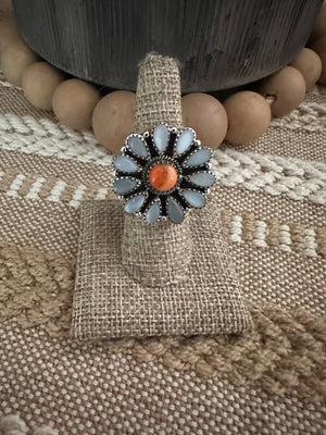 Beautiful Handmade Orange Spiny, Mother of Pearl And Sterling Silver Adjustable Ring