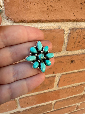 “Floral Whisper” Handmade Sterling Silver & Turquoise Adjustable Ring Signed Nizhon