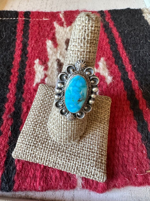 Navajo Sonoran Mountain Turquoise & Sterling Silver Single Stone Ring Size 8 Signed S.Tso