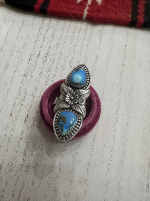 Handmade Golden Hills Turquoise & Sterling Silver 2 Stone Adjustable Ring Signed Nizhoni