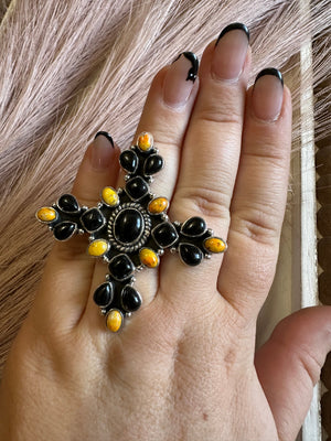 HALLOWEEN COLLECTION Nizhoni Black Onyx, Bumble Bee Jasper & Sterling Silver Adjustable Ring