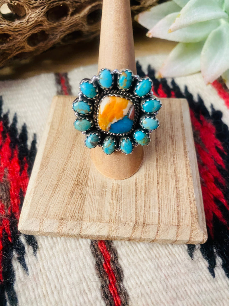 Handmade Sterling Silver, Spice & Turquoise Cluster Adjustable Ring