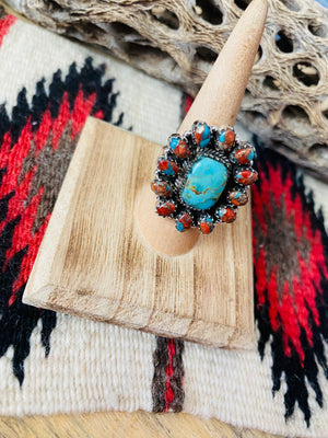 Handmade Sterling Silver, Spice & Turquoise Cluster Adjustable Ring