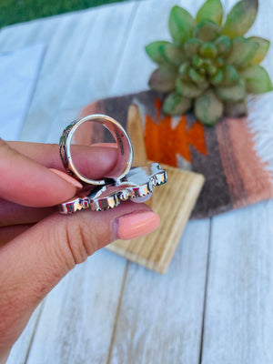 Handmade Sterling Silver, Opal & Queen Pink Cluster Adjustable Ring