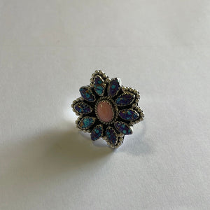 “Buy Me Flowers” Sterling Silver, Blue Mojave & Pink Conch Adjustable Ring