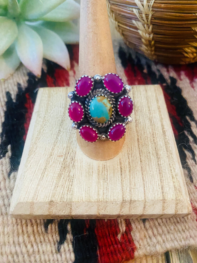 Handmade Sterling Silver, Pink Onyx & Turquoise Cluster Adjustable Ring