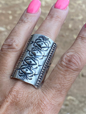 Marcella James Navajo Sterling Silver Concho Hand Stamped Ring