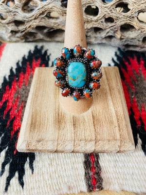 Handmade Sterling Silver, Spice & Turquoise Cluster Adjustable Ring