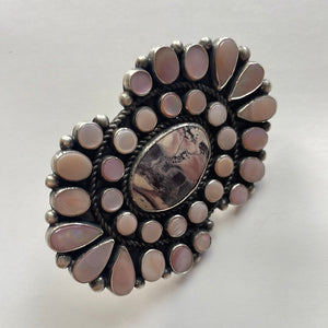Navajo Sterling Silver, Rhodonite, Pink Conch Cluster Statement Ring Size 8 Signed
