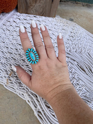 Navajo Turquoise And Sterling Silver Adjustable Cluster Ring