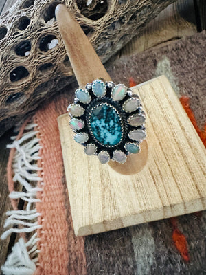 Handmade Sterling Silver Turquoise & Opal Cluster Adjustable Ring