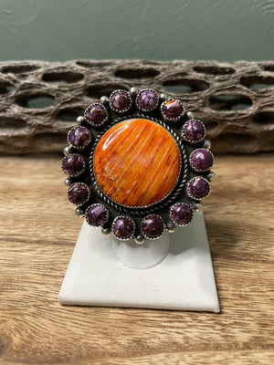 Navajo Sterling Silver And Orange And Purple Spiny Adjustable Ring