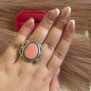 Gorgeous Navajo Pink Peruvian Opal And Sterling Silver Adjustable Ring