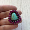 Handmade Pink Onyx & Turquoise Sterling Silver Adjustable Ring Signed Nizhoni